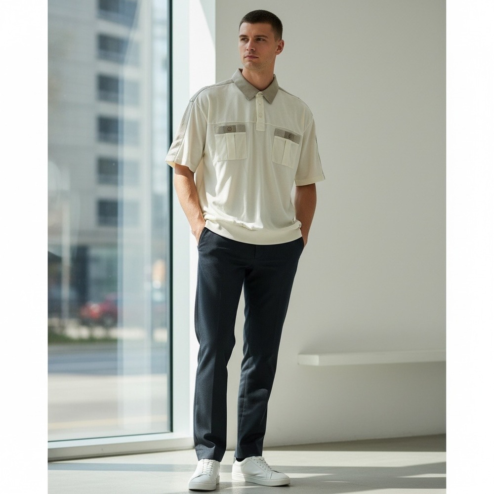 Vintage 90/Y2K Men Statement Polo XL Cream Grandpa Core Dad Style Retro Indie